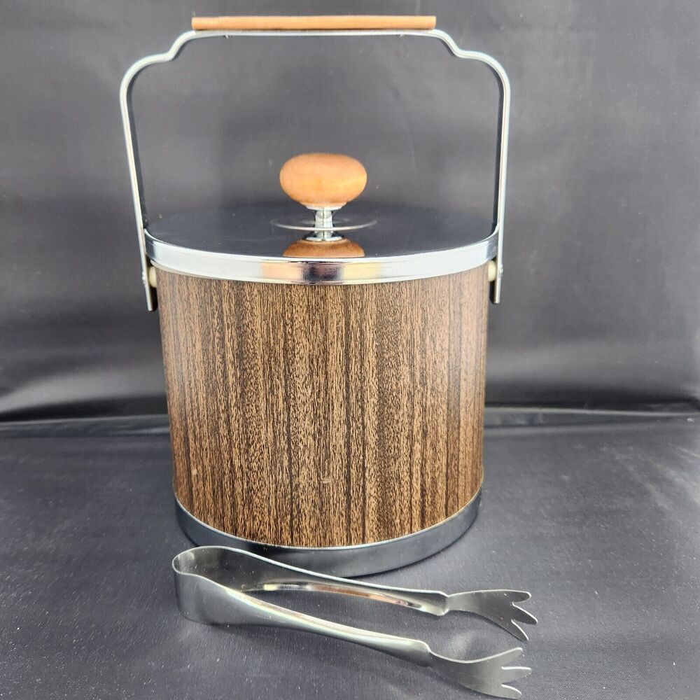 Atapco Chrome Wood Ice Bucket Vintage MCM w Lid Plastic Liner Tongs VTG Barware